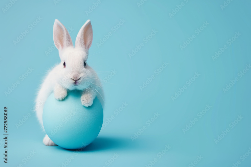 White bunny with blue egg. Minimalistic design for Easter poster, banner, advertising White bunny with blue egg. Minimalistic design for Easter poster, banner, advertising