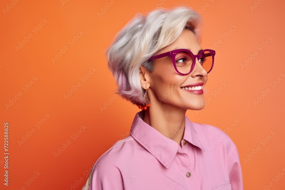 Portrait of a happy senior woman in eyeglasses on orange background