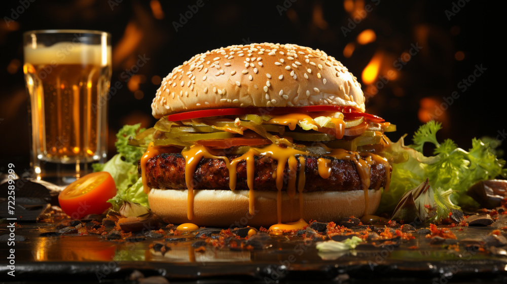 Big burger with melted cheese and grills and a beer on the bottom. Big burger with melted cheese and grills and a beer on the bottom.