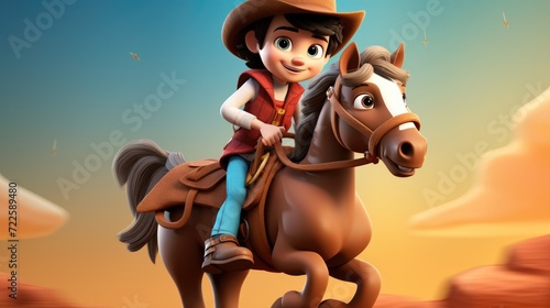 A 3D cartoon kid dressed as a cowboy, riding an immensely tall toy horse. photo