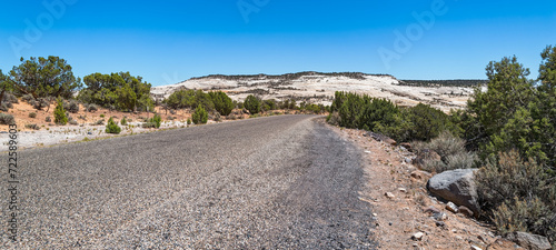 Panorama of Burr Trail Road as it curves through the sandstone hills of the Grand Staircase-Escalante National Monument, Utah, USA