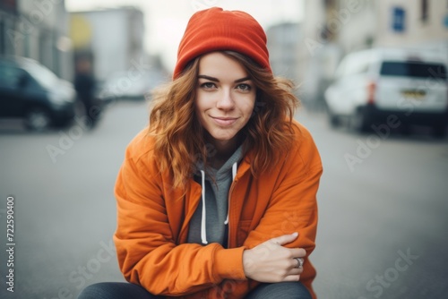 Portrait of a beautiful young woman in a red cap and orange jacket on the street