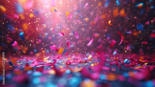 A colorful background with confetti and streamers in bright colors perfect for a party, with room for copy space. 