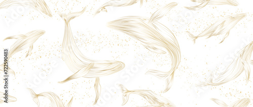 White luxury art background with hand drawn whale pattern in golden line style. Vector animalistic banner for design of wallpaper, decor, poster, interior design, packaging, print, textile