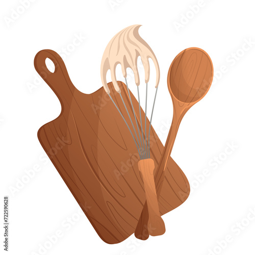 Whisk with whipped cream, wooden spoon and cutting board. Baking, bakery shop, cooking, sweet food, dessert, pastry concept. Vector illustration for poster, banner, cover, card, postcard, menu.