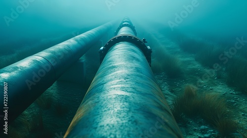 Underwater oil and gas pipeline infrastructure in blue ocean, subsea equipment on sea bottom photo
