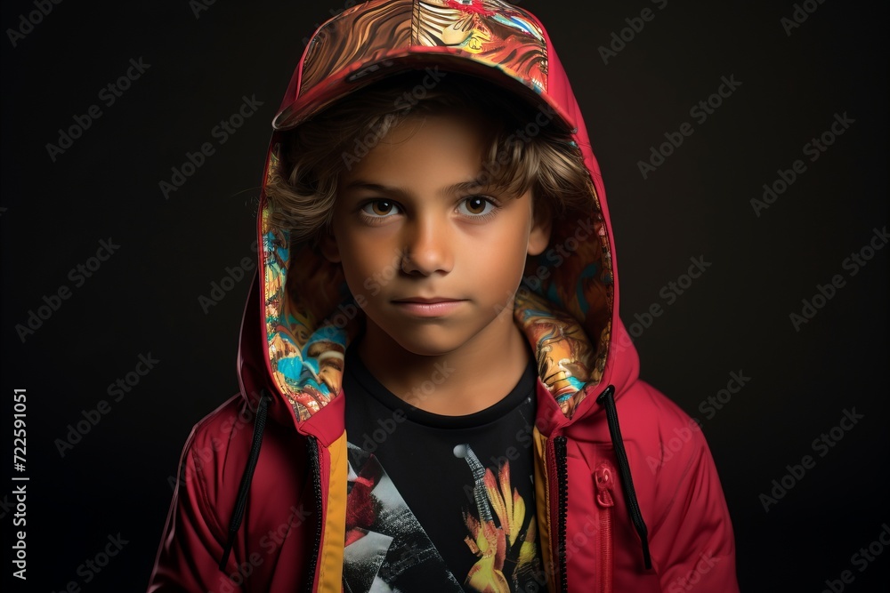 Portrait of a boy in a hooded jacket. Studio shot. Portrait of a boy in a hooded jacket. Studio shot.