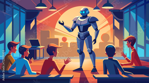 Robot teacher in a classroom engaging with students - futuristic education concept