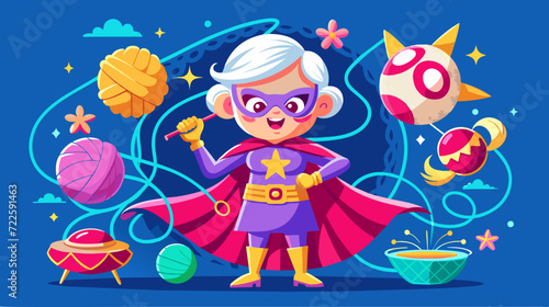 Colorful superhero grandma vector illustration with whimsical elements