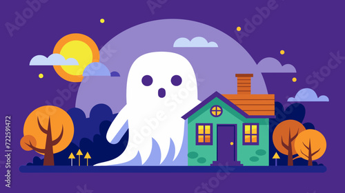 Spooky ghost and haunted house vector illustration with full moon