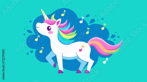 Colorful unicorn vector illustration with musical notes background
