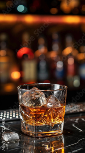 One glass of whiskey with ice on a bar counter, dark background with bokeh. 