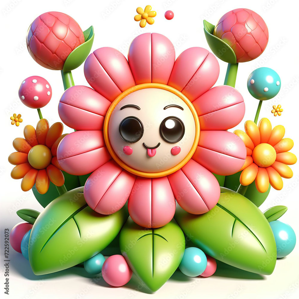 Naklejka premium The image features a pink and green plastic flower that has been artistically arranged to resemble a sunflower. This creative display is accompanied by several colorful balls scattered around the flow