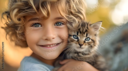 A beautiful young boy smiling at camera, with a small kitten in his arms