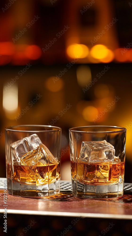 Two glasses of whiskey with ice on a bar counter, dark background with bokeh. Two glasses of whiskey with ice on a bar counter, dark background with bokeh.