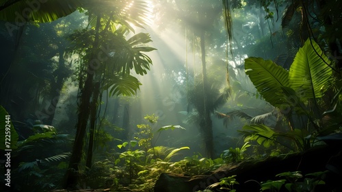 Lush greenery of a tropical forest with sunlight filtering through the leaves