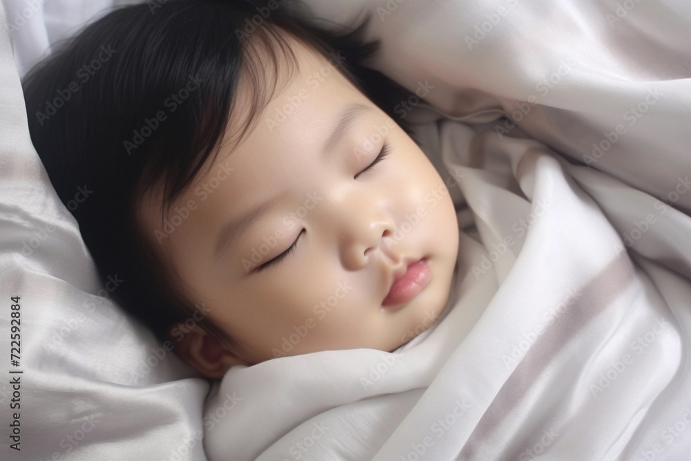Little boy, asian child, with white skin, sleeping in bed with closed eyes under the blanket with white bedding. Little boy, asian child, with white skin, sleeping in bed with closed eyes under the blanket with white bedding.
