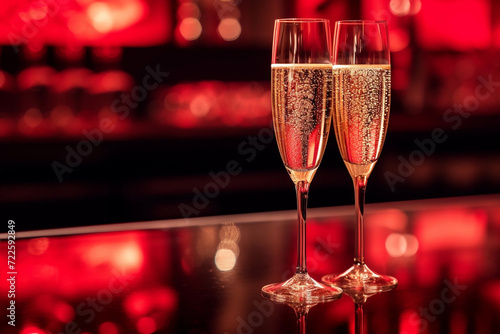 Two glasses of champagne with bubbles on a bar counter, dark pink background with bokeh. Valentines Day romantic dating concept. 