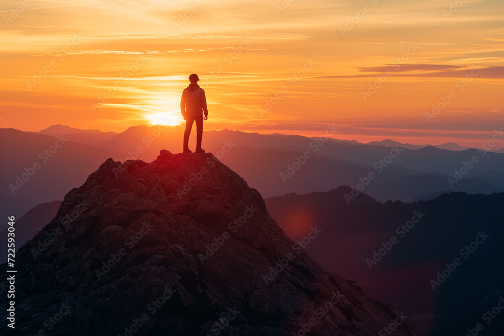 Man Standing on Mountain Peak at Sunset