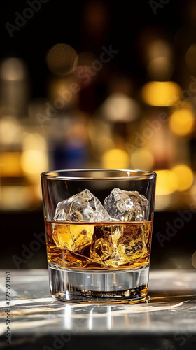 One glass of whiskey with ice on a bar counter, dark background with bokeh. 