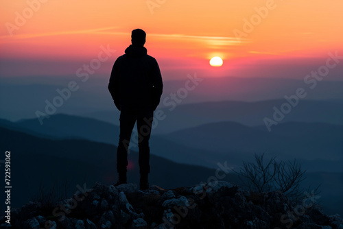 Man Standing on Rocky Mountain at Sunset