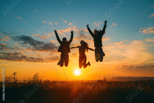 Three People Jumping in the Air at Sunset