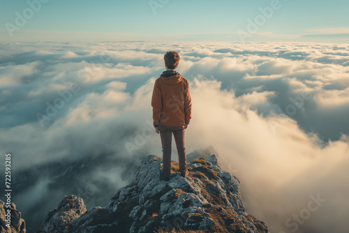 Man Standing on Mountain Peak Above Clouds