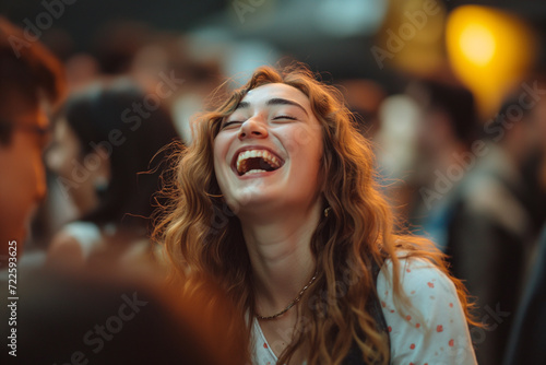 Woman Laughing in a Crowded Gathering © Ilugram