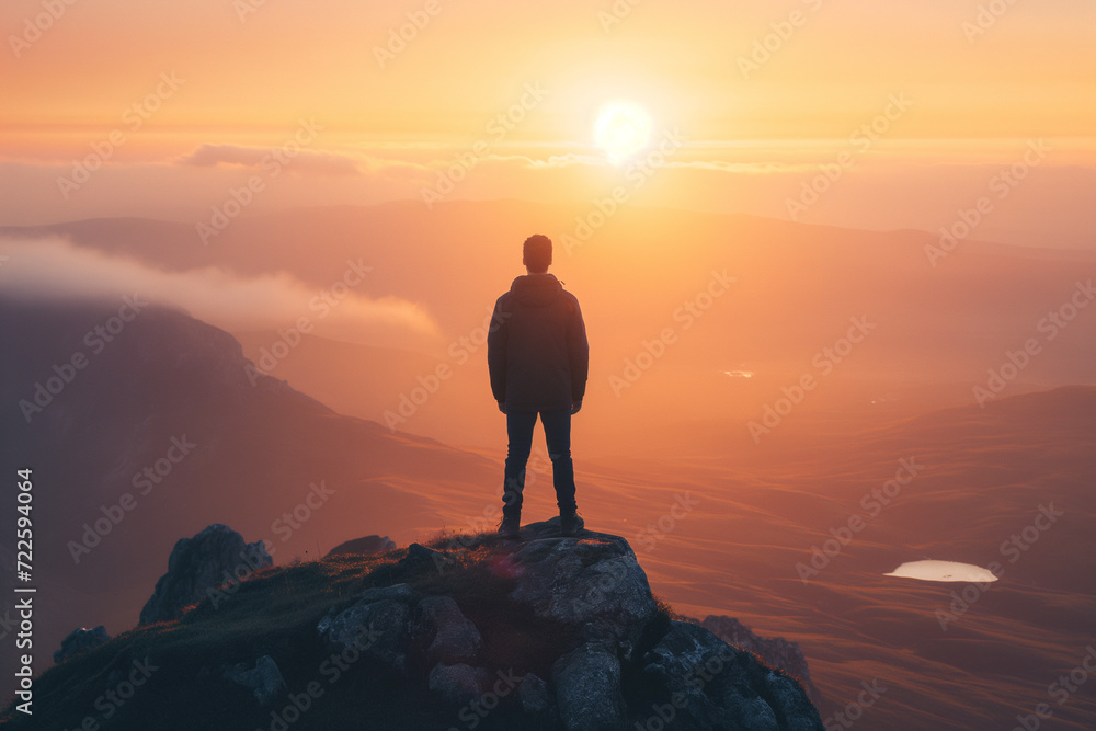Person Standing on Mountain Top at Sunset