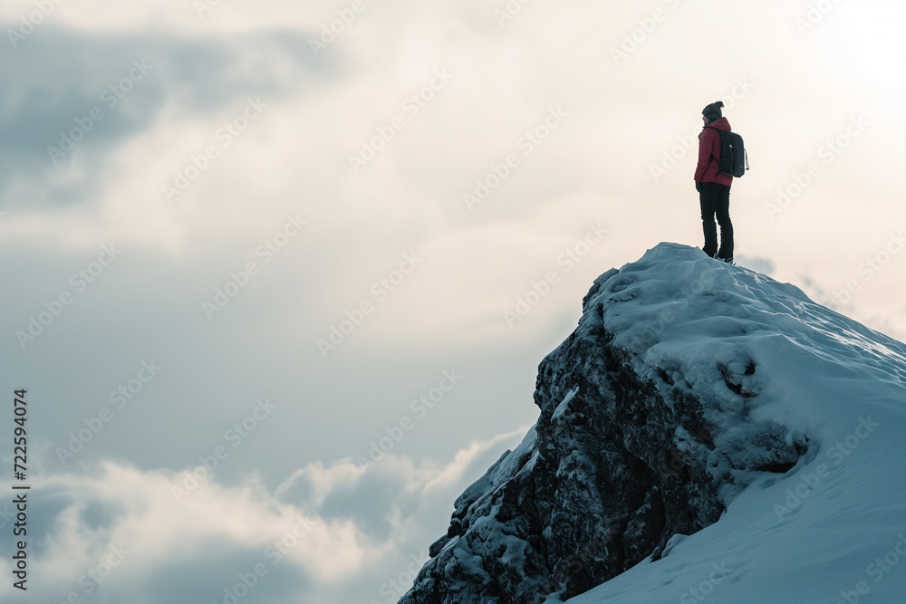 Man Standing on Snow Covered Mountain Summit