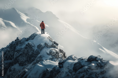 Man Standing on Snowy Mountain Peak © Ilugram