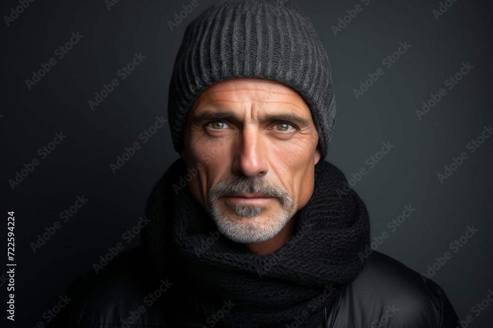 Handsome man wearing a beanie hat and scarf over grey background. Handsome man wearing a beanie hat and scarf over grey background.
