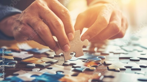 Hand of businessman connecting jigsaw puzzle. Business solutions, partnership, success and strategy concept.