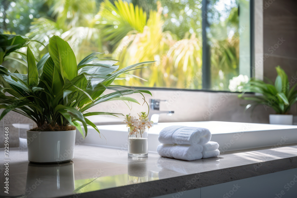 Clean and serene bathroom oasis with modern white interior and ceramic accents, creating a spa-like space for relaxation and rejuvenation. Hygiene and care are emphasized with neatly folded towels and
