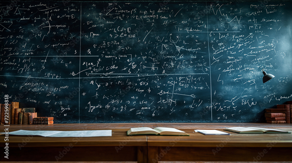 Crowded Blackboard Covered in Text and Equations - obrazy, fototapety, plakaty 