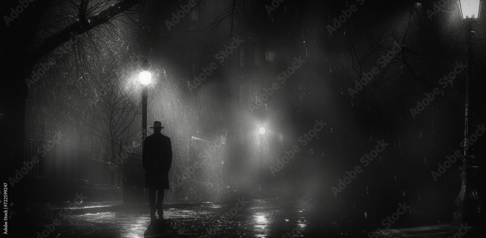 A noir-inspired cinematic scene with a detective discreetly following a suspect at night. The setting is an urban landscape, dimly lit by street lamps. Tension and mystery of surveillance. A noir-inspired cinematic scene with a detective discreetly following a suspect at night. The setting is an urban landscape, dimly lit by street lamps. Tension and mystery of surveillance.