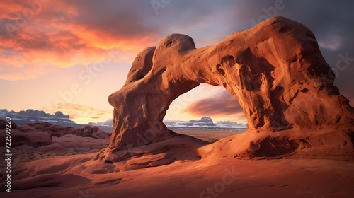 Majestic desert arch illuminated by the soft light of dawn, framing a timeless and awe-inspiring scene
