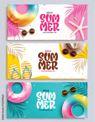 Summer hello banner set design. Hello summer text greeting with beach, tropical and seasonal elements for poster and template collection. Vector illustration summer greeting banner.
