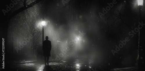 A noir-inspired cinematic scene with a detective discreetly following a suspect at night. The setting is an urban landscape, dimly lit by street lamps. Tension and mystery of surveillance.