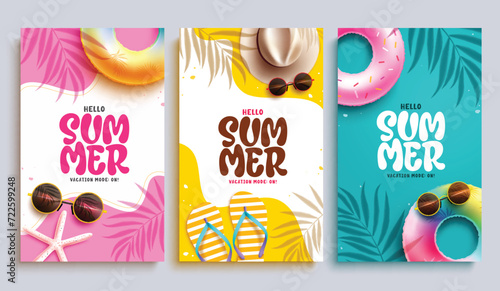 Summer hello poster vector set design. Hello summer text greeting with floaters, hat, flipflop and starfish beach elements for tropical season template collection. Vector illustration summer greeting  photo