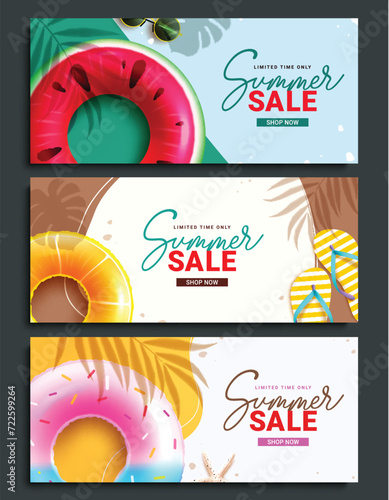 Summer sale text vector banner set design. Summer limited time discount offer with tropical beach elements for holiday season template collection. Vector illustration summer banner collection.
