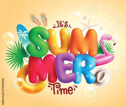 Summer time 3d text vector design. Summer title printed colorful 3d font with floaters flamingo, surfboard, hat and flipflop beach decoration elements. Vector illustration summer 3d colorful text