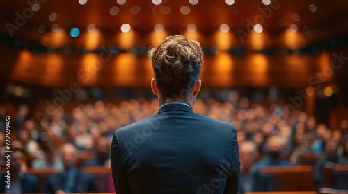 Man Standing in Front of a Crowded Auditorium During an Educational Event