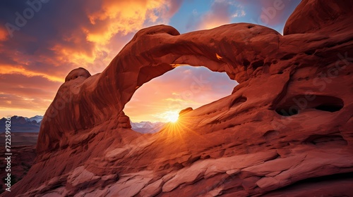 Majestic desert arch illuminated by the soft light of dawn, framing a timeless and awe-inspiring scene