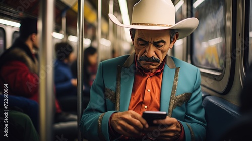  Senior man is using a smartphone in public transportation photo