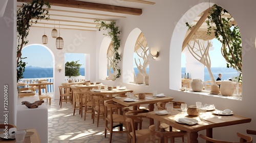 Mediterranean restaurant with whitewashed walls, wooden furniture, and a breezy seaside vibe