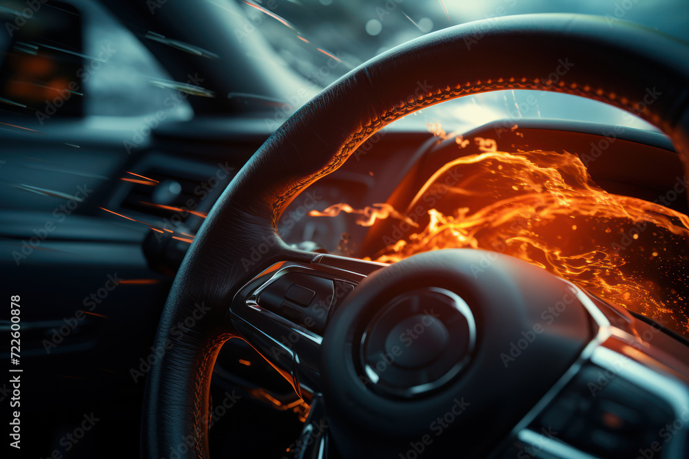 A close-up of a hand gripping a steering wheel, surrounded by energy waves, portraying the connection between fuel and transportation. Generative Ai.