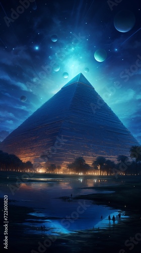 Nighttime view of the illuminated pyramids  creating a stunning visual. 