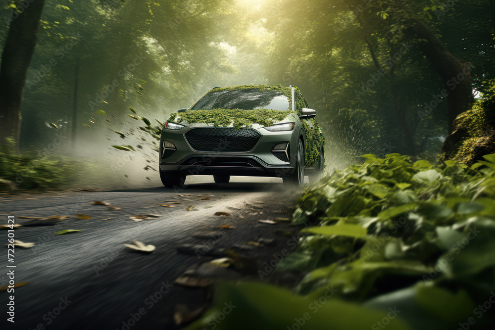 A conceptual illustration of a fuel-efficient car leaving a trail of green leaves instead of exhaust, symbolizing the environmental benefits of clean energy. Generative Ai.