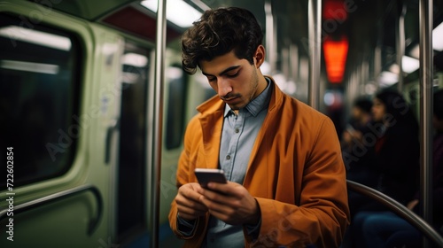 Young man is using a smartphone in public transportation